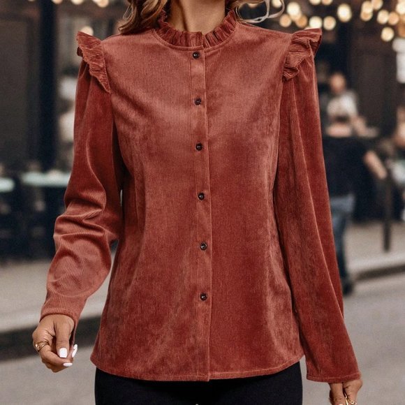 Red Preppy Womens Frill Neck Ruffle Trim Button Front Blouse - Picture 5 of 5